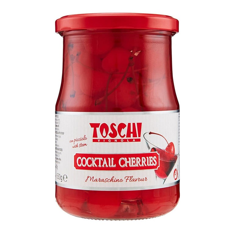 TOSCHI CILIEGIE COCKTAIL - 630Gr. ROSSE AL GUSTO DI MARASCHINO - CON GAMBO