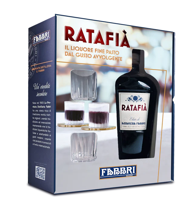 LIQUORE FABBRI RATAFIA ITA + BICCHIERI  ELISIR DI AMARENA