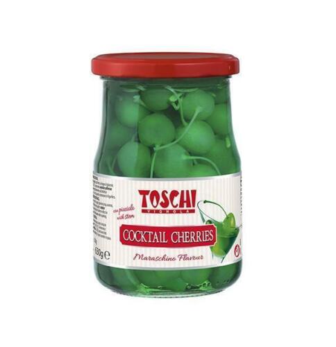 TOSCHI CILIEGIE COCKTAIL - 630Gr VERDI  AL GUSTO DI MARASCHINO - CON GAMBO